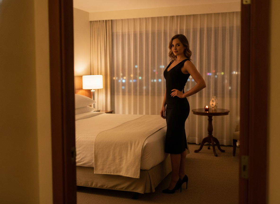warm hotel room with her waiting inside